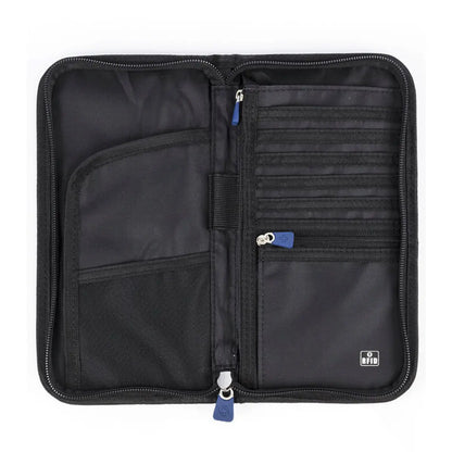 Organized pockets for travel documents, cash, coinage and credit cards