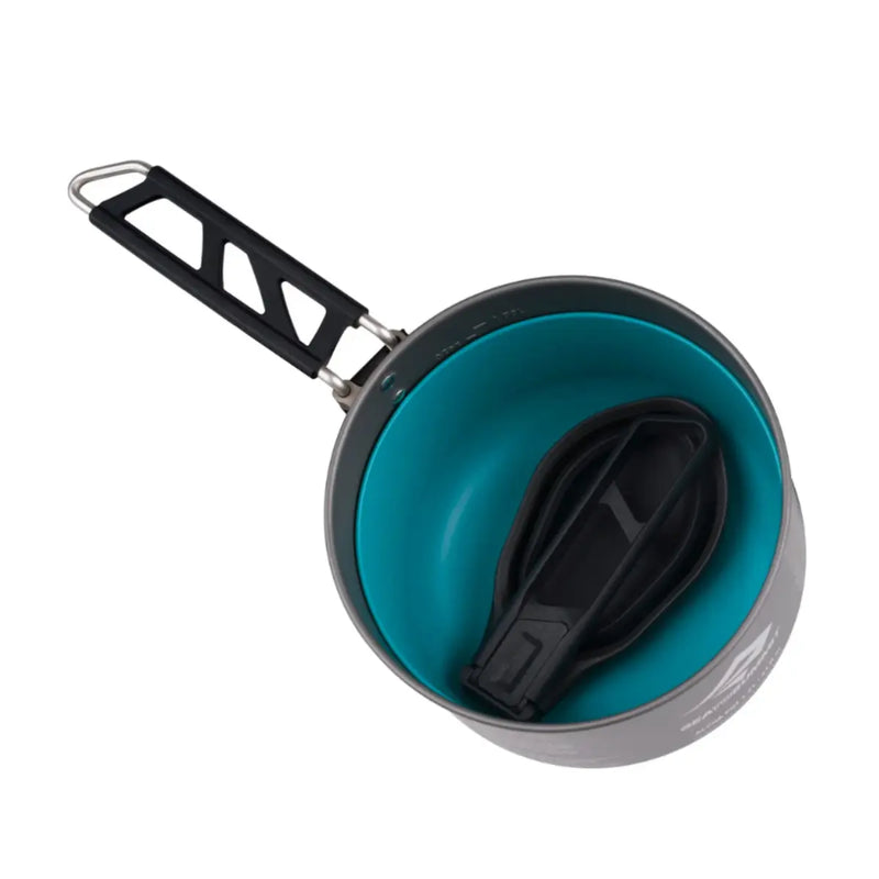 Unique folding design with locking mechanism easily stows inside the Alpha Pot 1.2L when the camp cooking is done