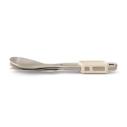Set includes a knife, fork and spoon that nest together and a magnetised silicone rubber keeper