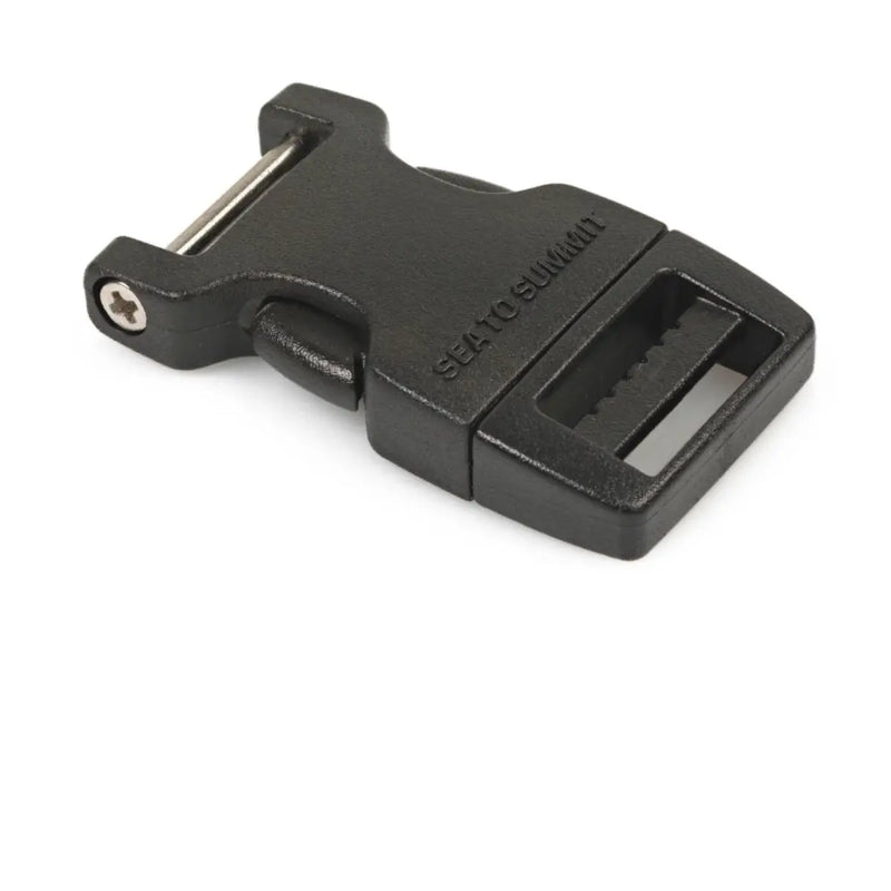 One-pin side release buckles replace closures found on most top-loading backpacks, daypacks, messenger bags, PFDs, bike bags etc. They have one fixed end and one ladderlock end – the ladderlock allows you to thread through a webbing strap which can then be