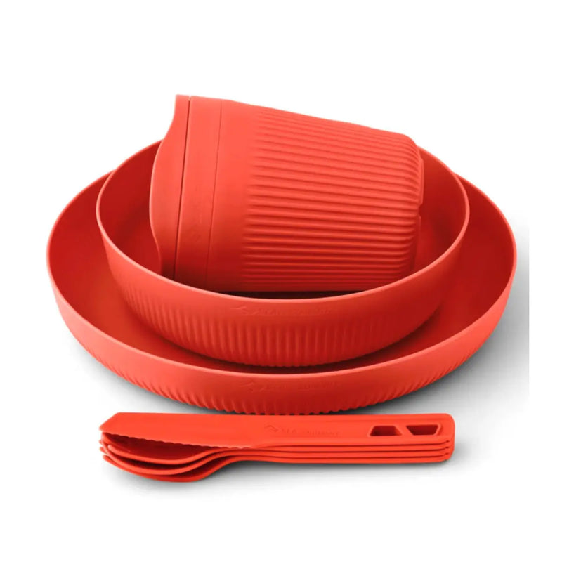 Includes: Plate, Large Bowl, Insulated Mug, Knife, Spork, Spoon, Fork