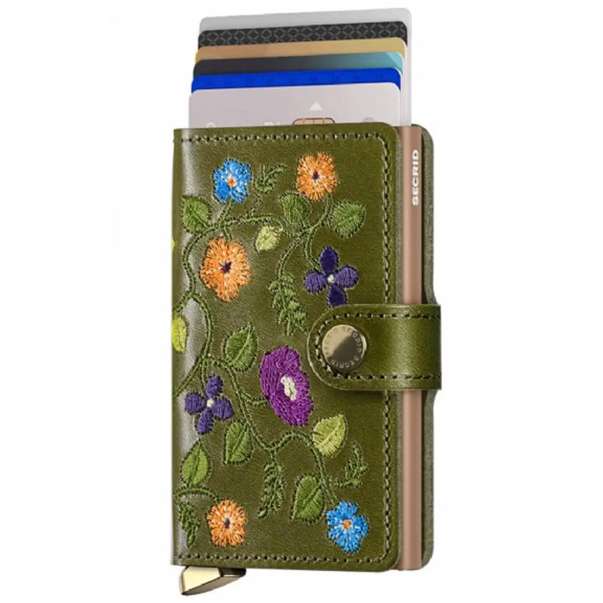 In-house designed coloured floral embroidery made with smooth high-quality vegetable-tanned Italian cow leather