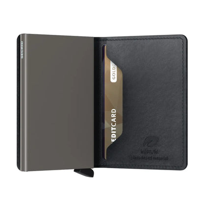 Sleeves inside can hold business cards and receipts