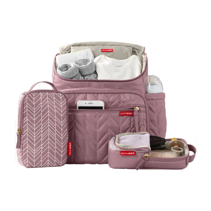 The SkipHop lightweight, quilted backpack offers hands-free convenience and special packing cubes