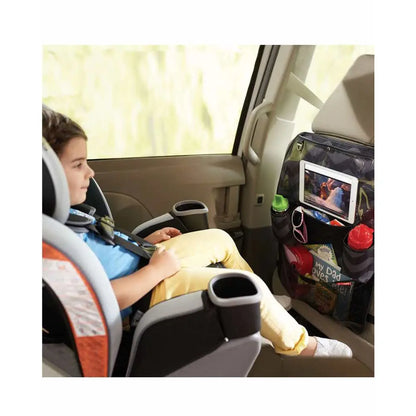 Adjustable webbing straps secure around most front bucket seats