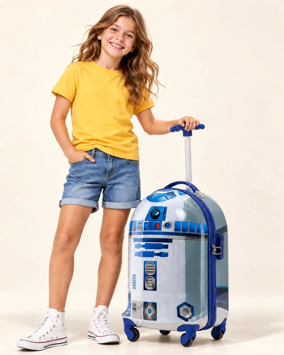 A young girl with long wavy brown hair stands next to a R2-D2 STAR WARS themed rolling carry on suitcase. She is wearing a yellow t-shirt, denim shorts, and white high-top sneakers.