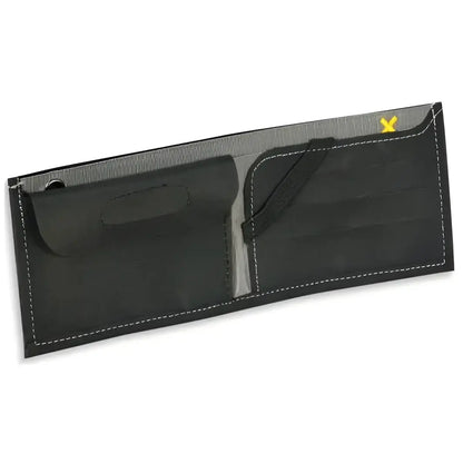 There are also compartments for notes, credit cards, business cards, and a handy strap to keep them in place.