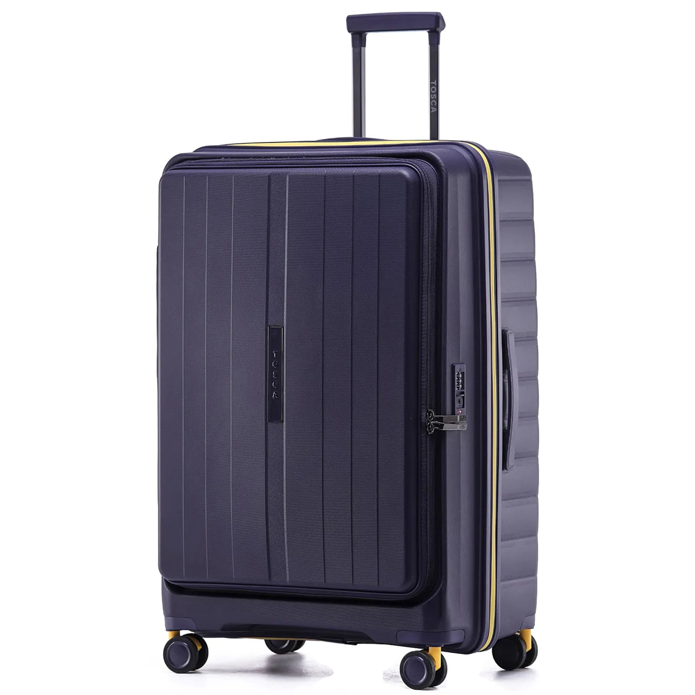 Tosca cruiser navy blue hard-shell suitcase with gold trim easy grip wheels and sleek vertical ribbed design