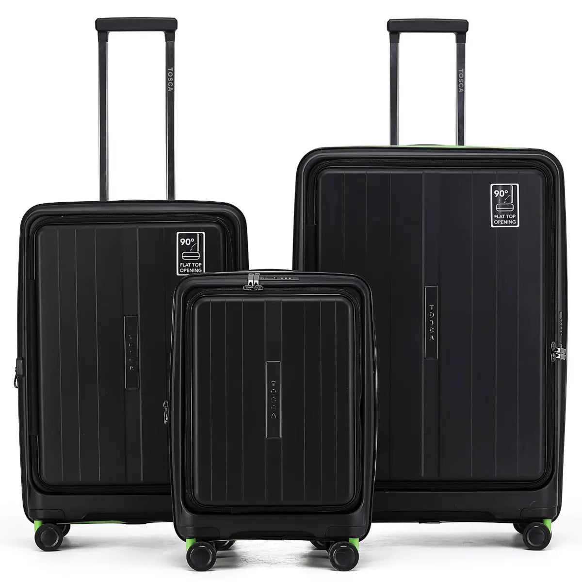 Tosca Cruiser Front Opening 4-Wheel Expandable Suitcase Set of 3 - Black / Lime (Small Medium and Large)