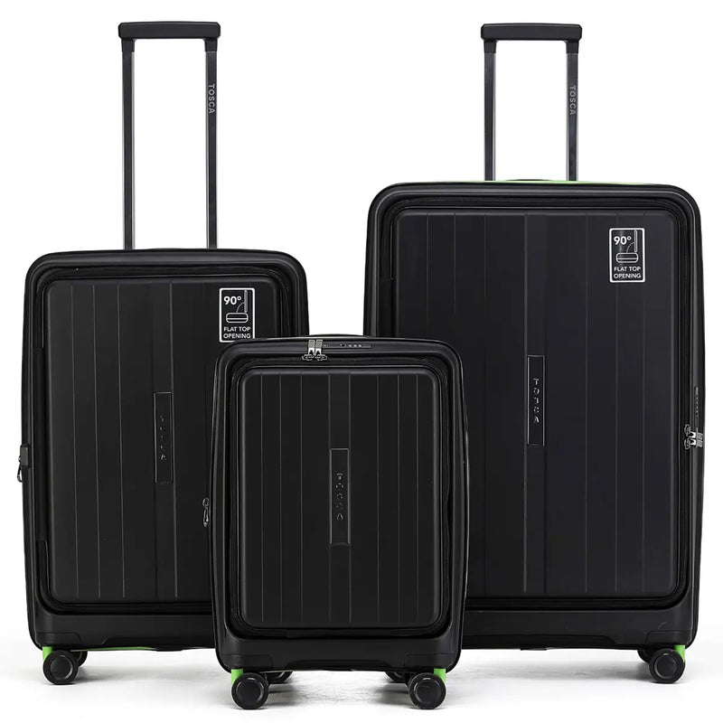 Tosca Cruiser Front Opening 4-Wheel Expandable Suitcase Set of 3 - Black / Lime (Small Medium and Large)