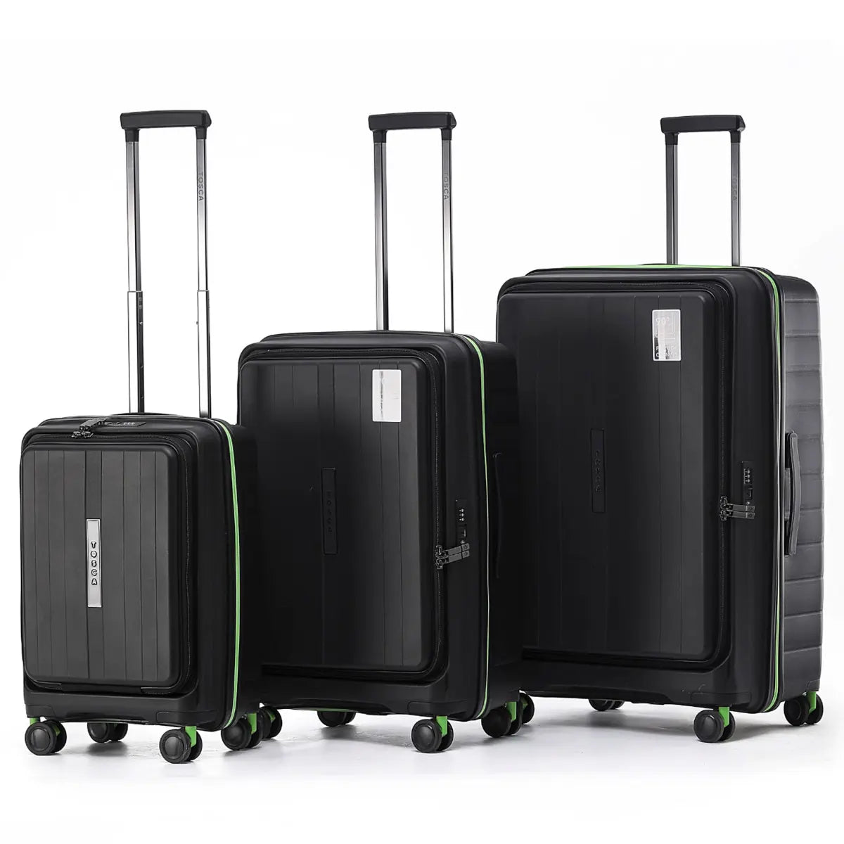 Tosca Cruiser Front Opening 4-Wheel Expandable Suitcase Set of 3 - Black / Lime (Small Medium and Large)