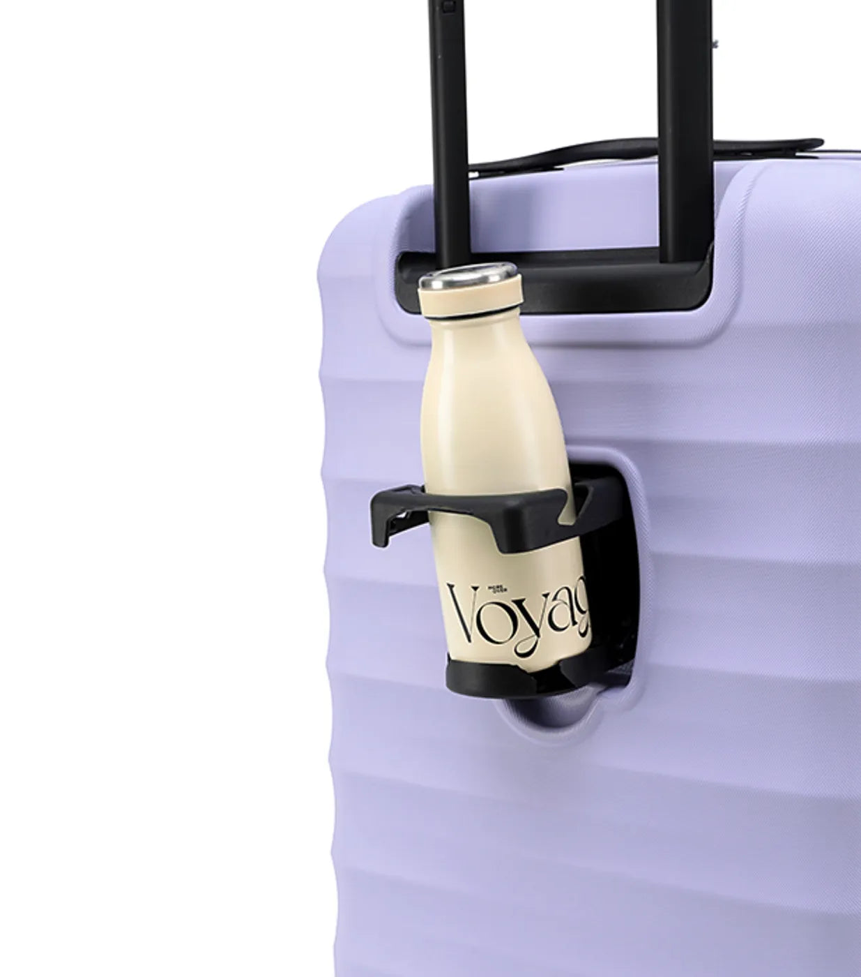 Cream insulated water bottle with black cap shown with tosca interstellar 2.0 lavender suitcase set in three sizes with litres dimensions