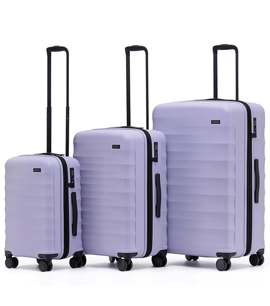 Set of three lavender tosco interstellar 2.0 hard-shell suitcases with black trim in small medium and large sizes