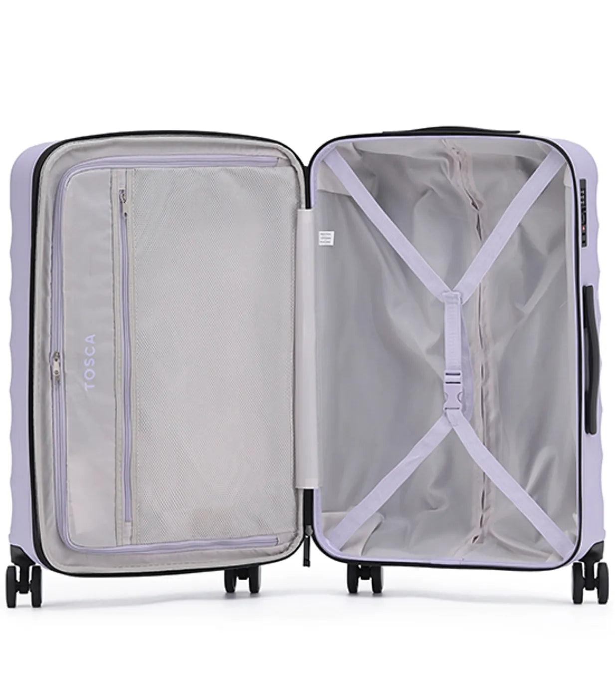 Lavender tosca interstellar 2.0 hard-shell suitcase with built-in x divider in a suitcase set of three sizes and litres dimensions