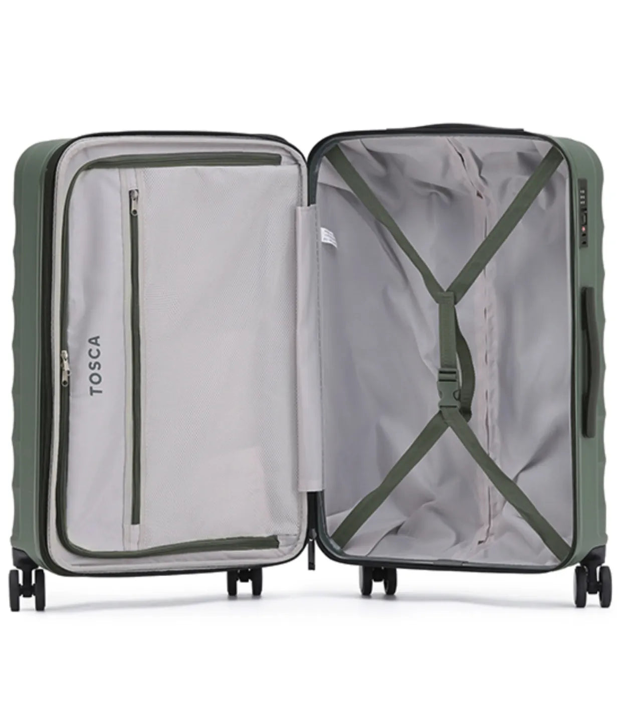 Olive green tosca interstellar 2.0 lightweight polycarbonate suitcase set with reinforced straps and expandable dimensions