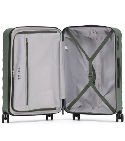 Olive green tosca interstellar 2.0 lightweight polycarbonate suitcase set with reinforced straps and expandable dimensions