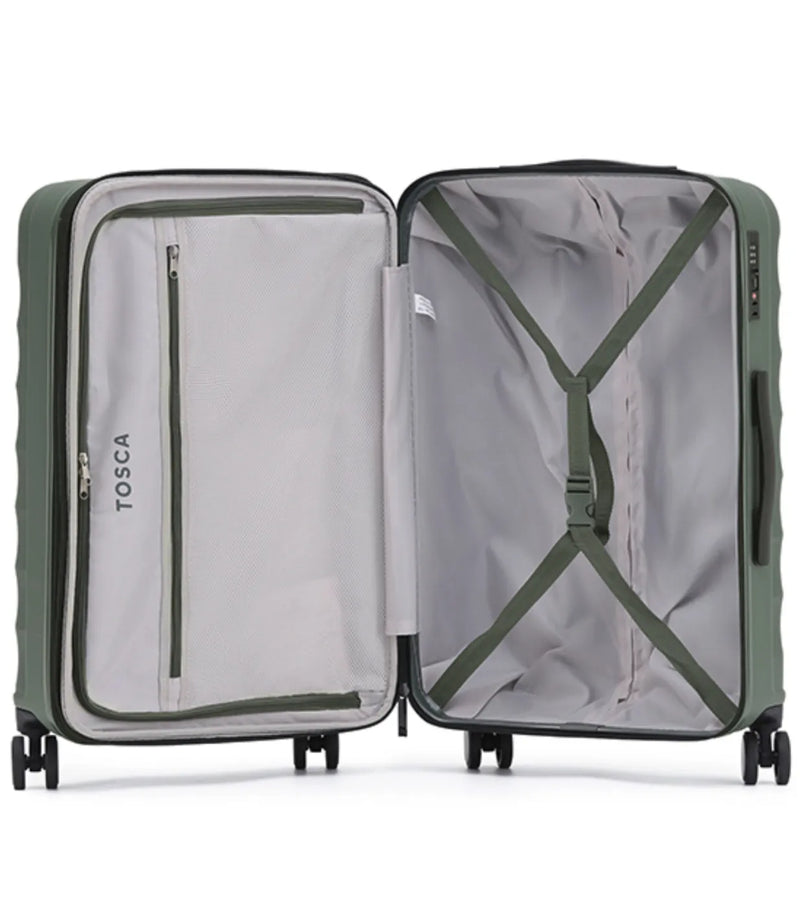Olive green tosca interstellar 2.0 lightweight polycarbonate suitcase set with reinforced straps and expandable dimensions