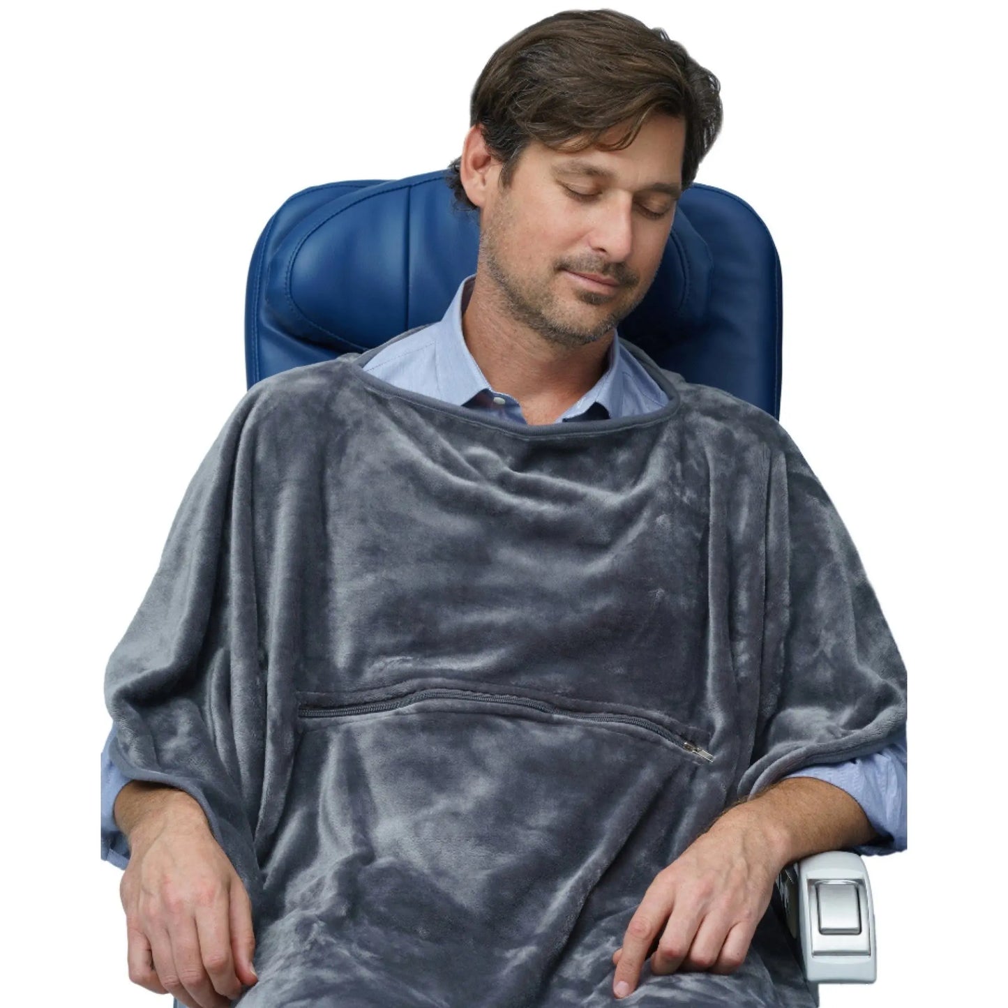 The Clever 'over-head pancho' style to keep the travel blanket exactly where you want it