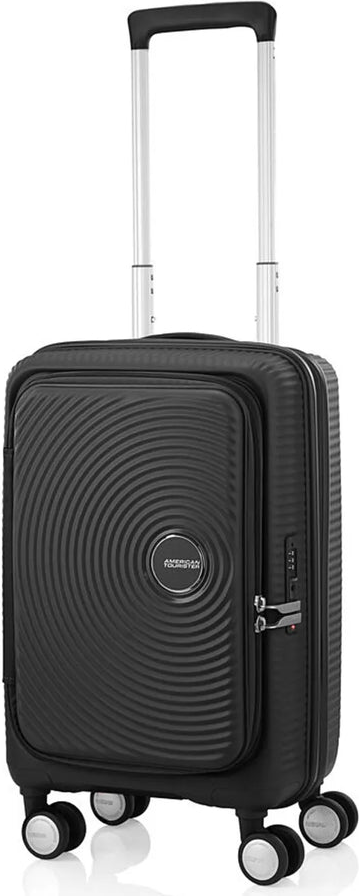 tu-american-tourister-curio-book-opening-55-cm-carry-on-spinner-suitcase-black front view for size comparison