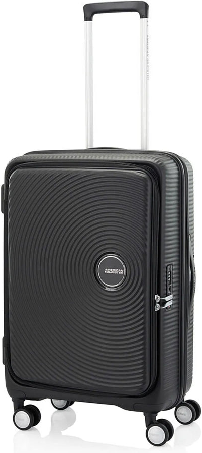 tu-american-tourister-curio-book-opening-68-cm-spinner-suitcase-black front view for size comparison