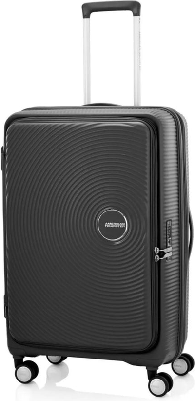 American Tourister Curio Book Opening 75 cm Expandable Spinner Suitcase - Black shown to scale