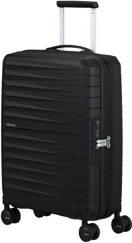 tu-american-tourister-fastforward-55-cm-expandable-carry-on-suitcase-black front view for size comparison