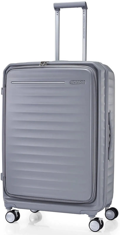 American Tourister Frontec 75 cm Expandable Front Opening Suitcase - Cool Grey shown to scale