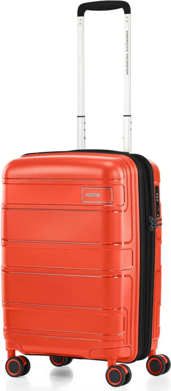 American Tourister Light Max 55 cm Expandable Carry-On Spinner Suitcase - Flame Orange shown to scale