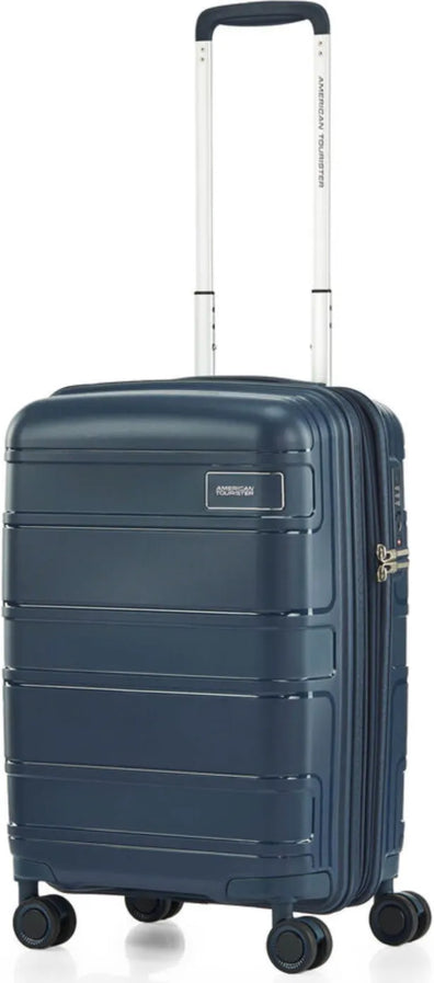 American Tourister Light Max 55 cm Expandable Carry-On Spinner Suitcase - Navy shown to scale