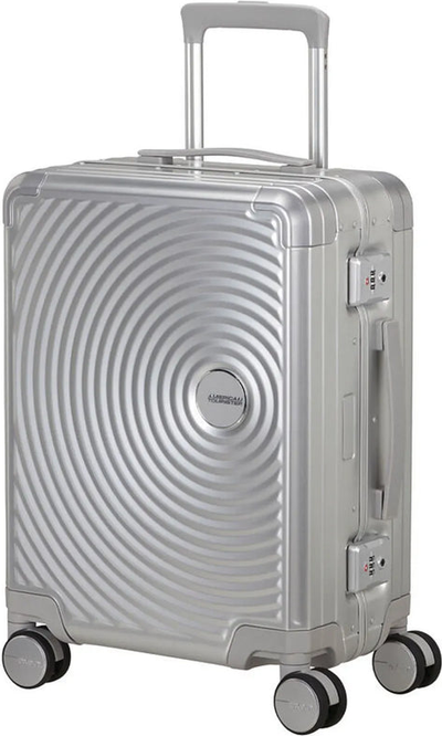 tu-american-tourister-soundbox-alu-55-cm-expandable-carry-on-suitcase-silver front view for size comparison