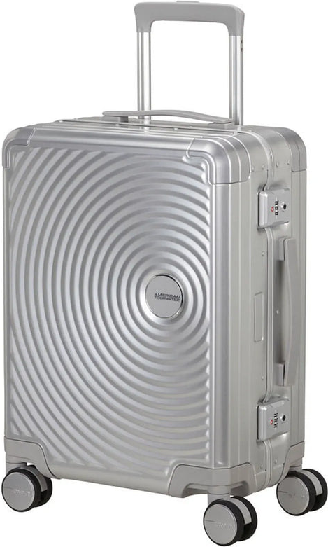 tu-american-tourister-soundbox-alu-55-cm-expandable-carry-on-suitcase-silver front view for size comparison