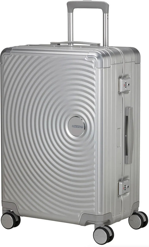 tu-american-tourister-soundbox-alu-68-cm-4-wheel-suitcase-silver front view for size comparison