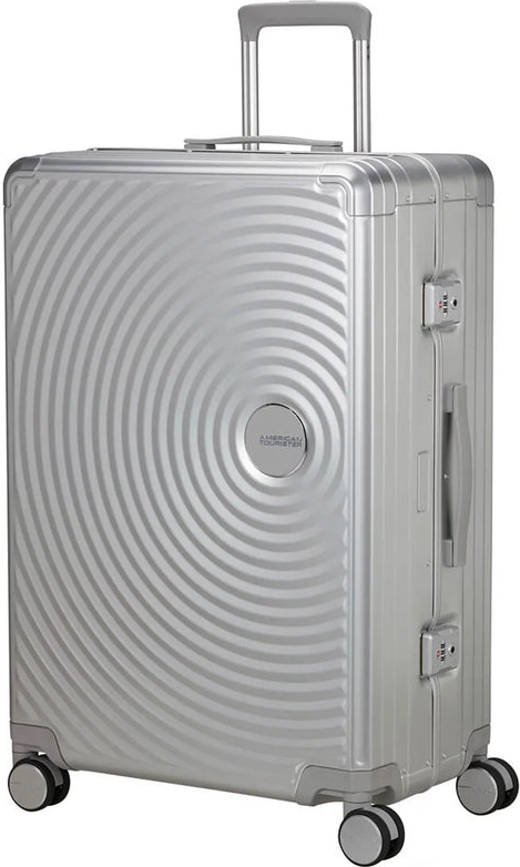 tu-american-tourister-soundbox-alu-77-cm-4-wheel-suitcase-silver front view for size comparison