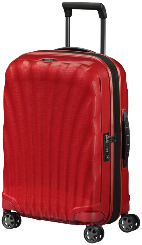 Samsonite C-Lite 55 cm expandable cabin spinner suitcase in chili red, standing upright on white