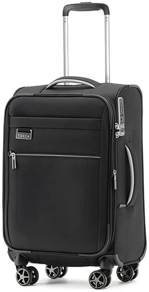 Tosca Vega 55 cm 4-Wheel Carry-on Spinner Suitcase, in black packshot standing upright on white