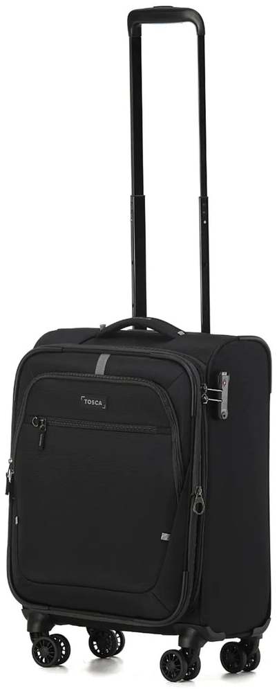 Tosca Luna-Lite 52 cm 4-Wheel Expandable Carry-on Suitcase, in black / grey packshot standing upright on white