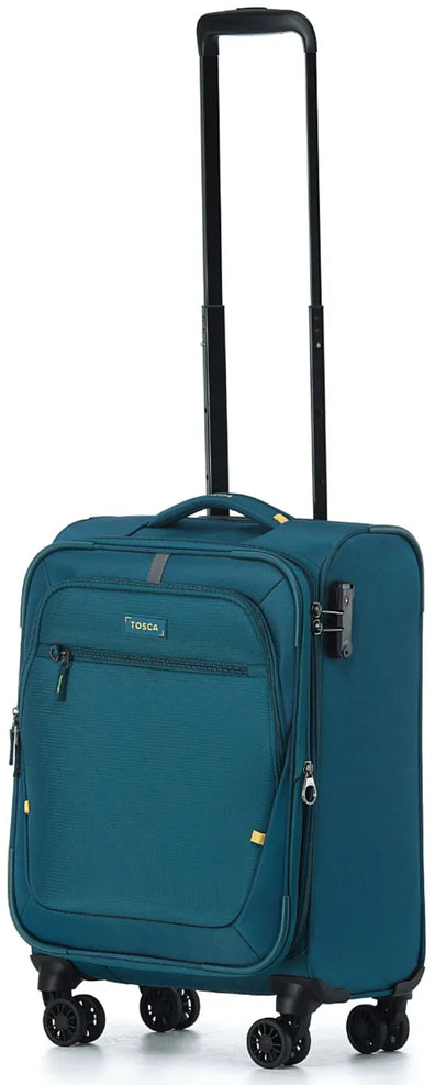 Tosca Luna-Lite 52 cm 4-Wheel Expandable Carry-on Suitcase, in teal / lime packshot standing upright on white