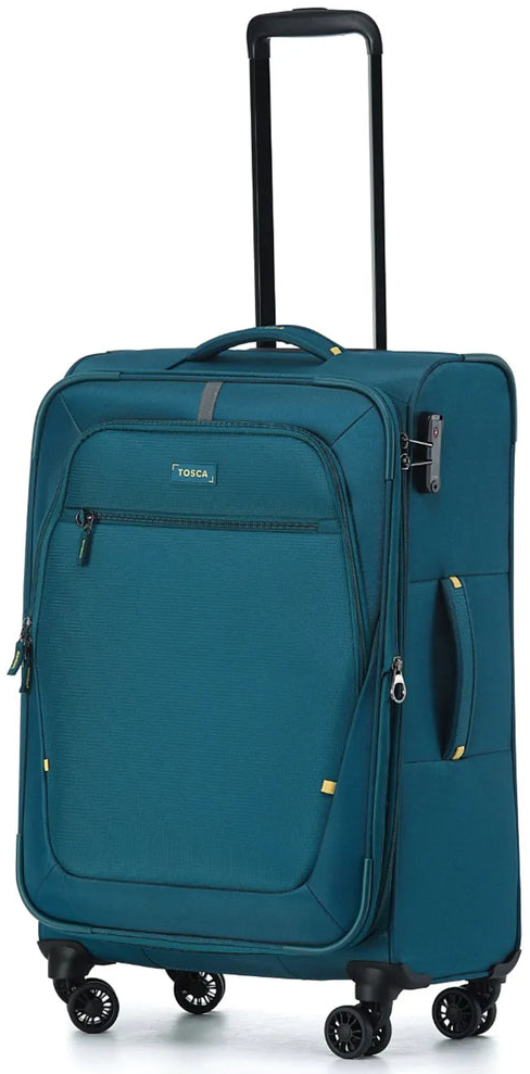Tosca Luna-Lite 65 cm 4-Wheel Expandable Suitcase, in teal / lime packshot standing upright on white