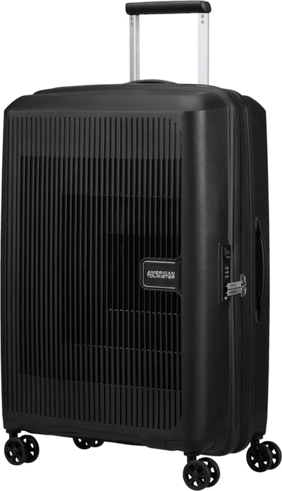 American Tourister AeroStep 67 cm Expandable Spinner Suitcase - Black front view for size comparison