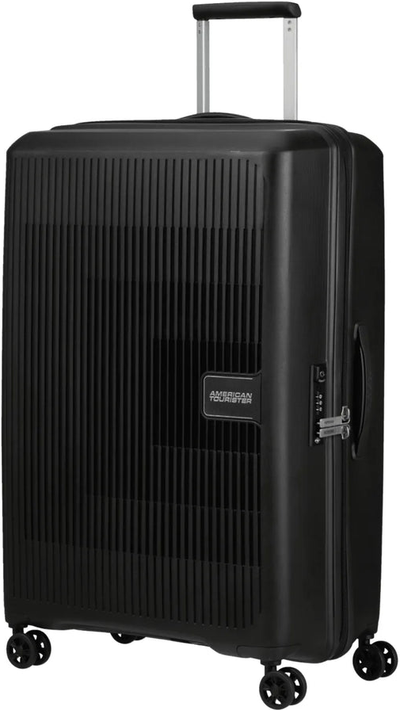 American Tourister AeroStep 77 cm Expandable Spinner Suitcase - Black shown to scale