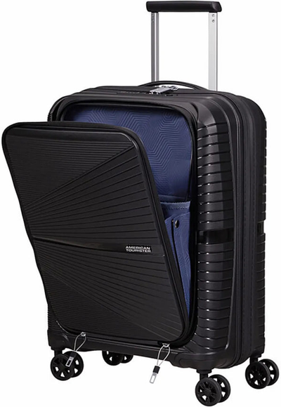 American Tourister Airconic 55 cm 4 Wheel Front Loading Carry-On Spinner - Onyx Black shown to scale