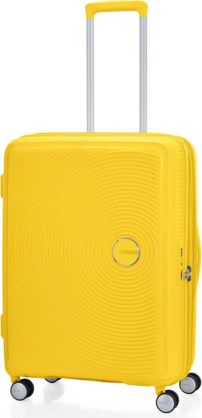 American Tourister Curio 2 - 69 cm Expandable Spinner Suitcase - Golden Yellow shown to scale