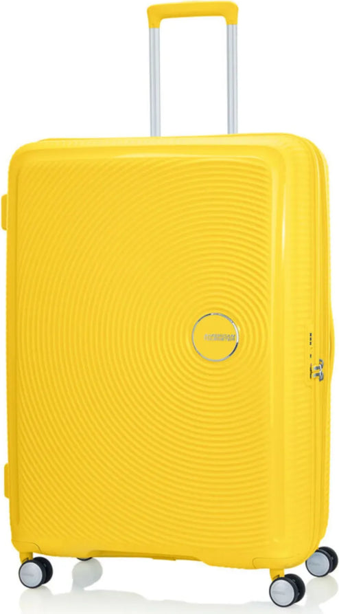 American Tourister Curio 2 - 80 cm Expandable Spinner Suitcase - Golden Yellow front view for size comparison