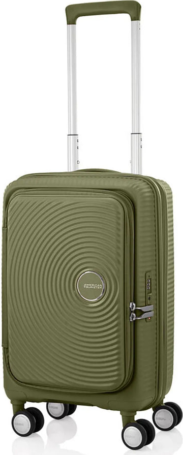 American Tourister Curio Book Opening 55 cm Expandable Carry-On Suitcase - Khaki front view for size comparison