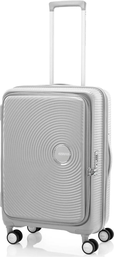 American Tourister Curio Book Opening 68 cm Expandable Spinner Suitcase - Cool Grey front view for size comparison
