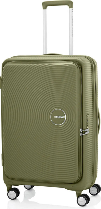 American Tourister Curio Book Opening 75 cm Expandable Spinner Suitcase - Khaki front view for size comparison