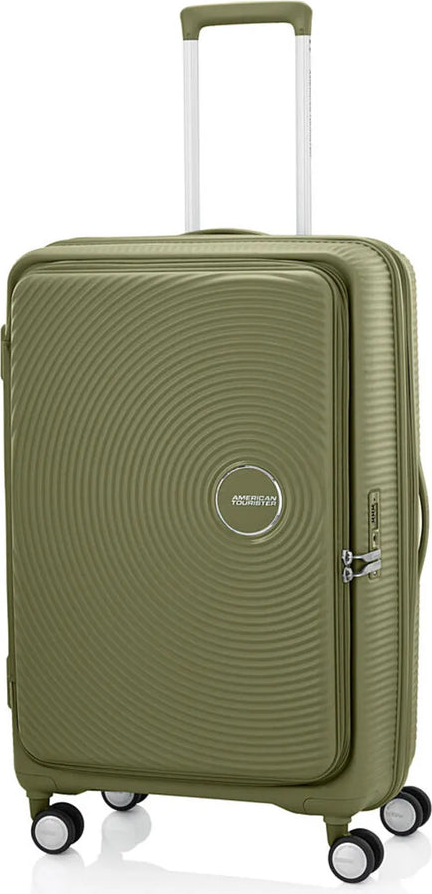 American Tourister Curio Book Opening 75 cm Expandable Spinner Suitcase - Khaki front view for size comparison