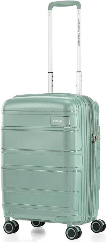 American Tourister Light Max 55 cm Expandable Carry-On Spinner Suitcase - Urban Green front view for size comparison