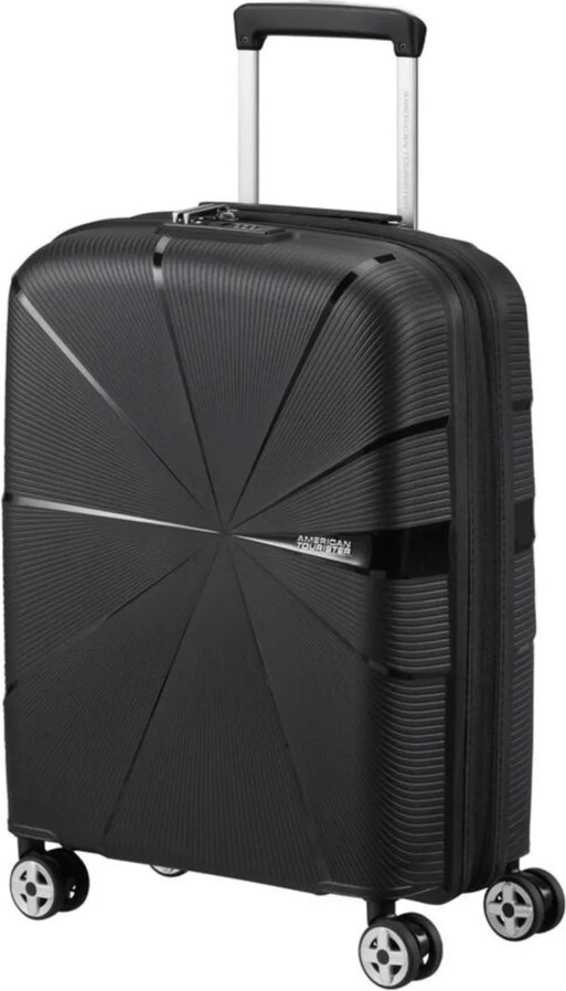 American Tourister Starvibe 55 cm Expandable Carry-On Spinner Suitcase - Black front view for size comparison