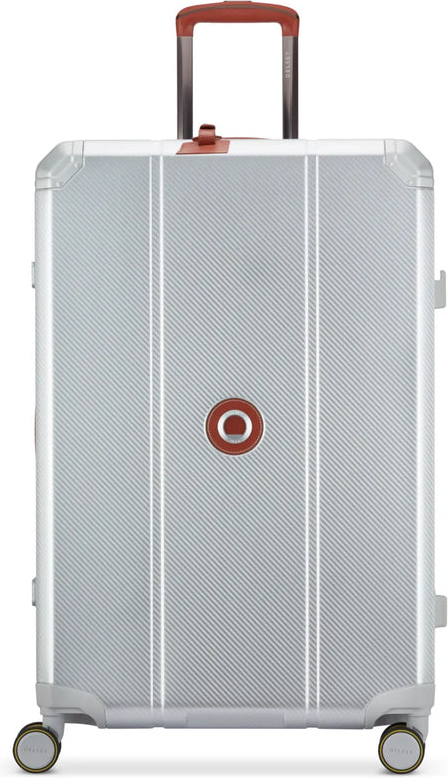 Delsey Alu'r 76 cm Aluminium Zipperless 4-Wheel Suitcase - Silver front view for size comparison